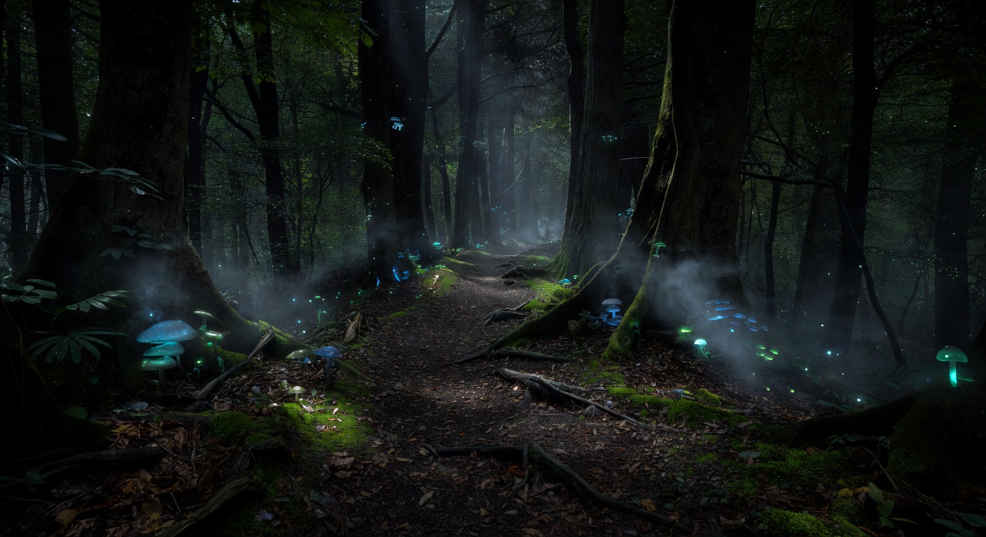 Dark magical forest path