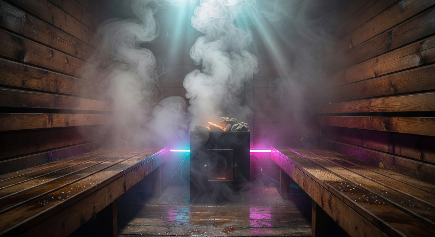 Hot steam rising inside a wooden sauna