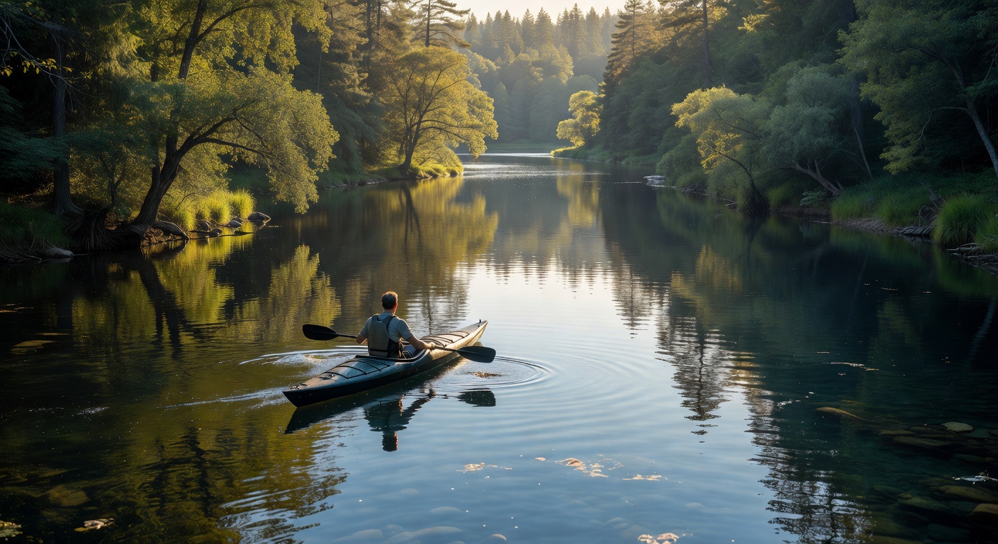 Kayaking down a calm river