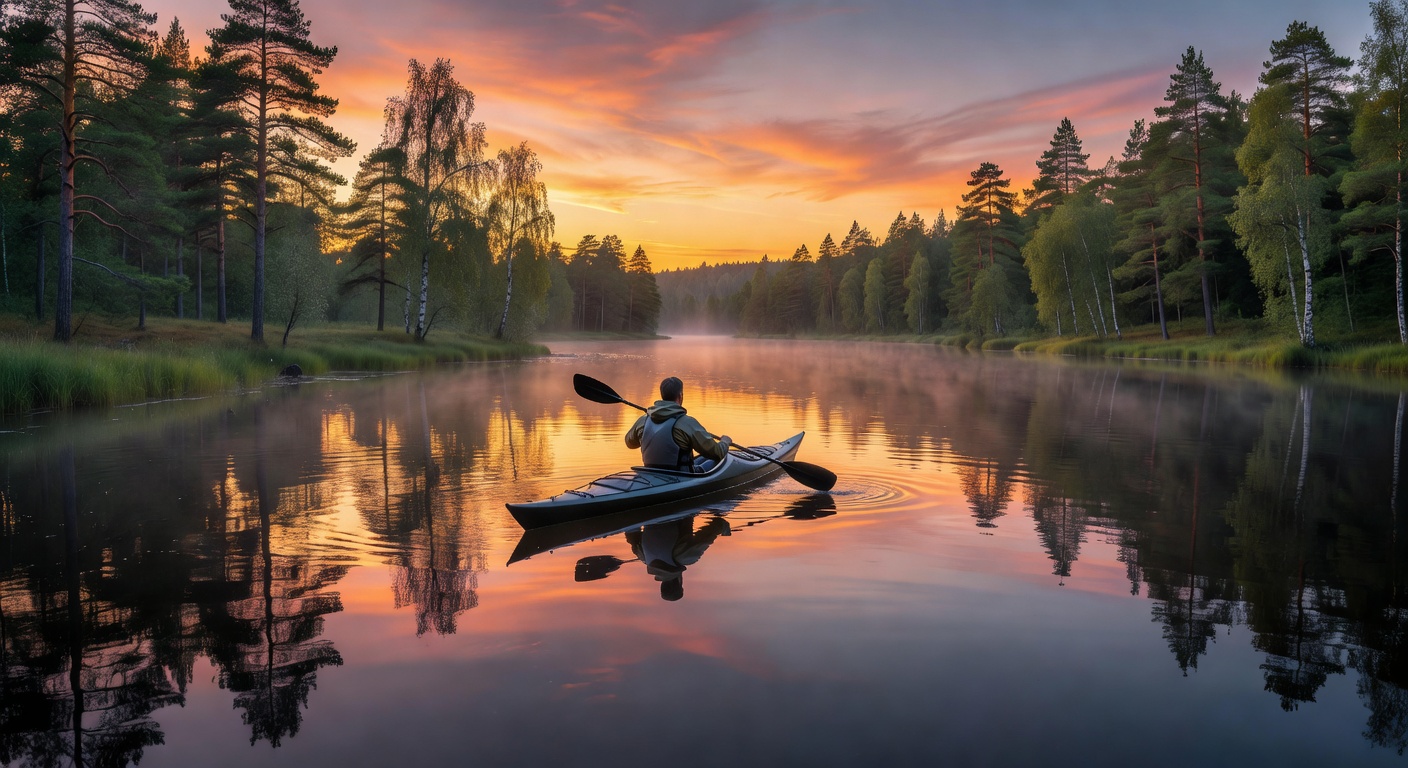 Kayaking on a calm Finnish river at sunset